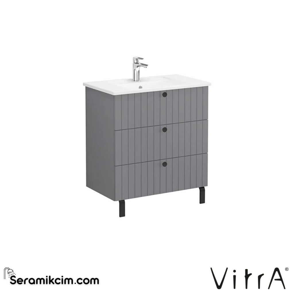 Vitra Root Groove Lavabo Dolabı, Üç Çekmeceli, 80 Cm, Mat Gri, Köşeli Lavabolu - 69494