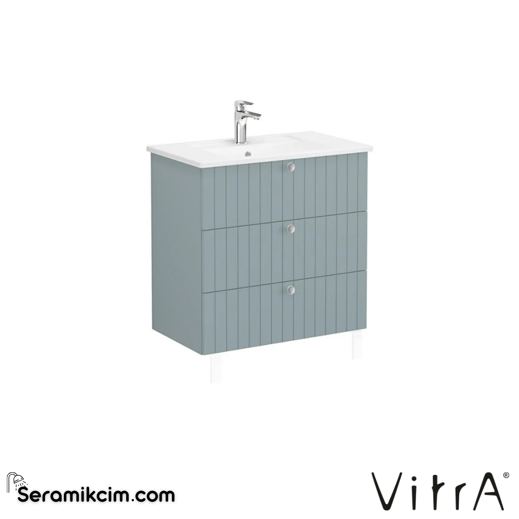 Vitra Root Groove Lavabo Dolabı, Üç Çekmeceli, 80 Cm, Mat Fiyord Yeşili, Köşeli Lavabolu - 69495