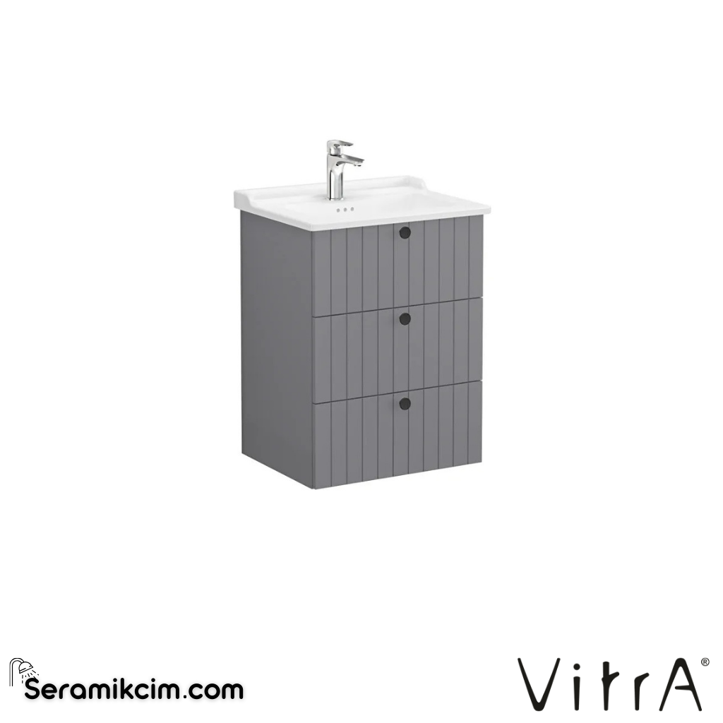 Vitra Root Groove Lavabo Dolabı, Üç Çekmeceli, 60 Cm, Mat Gri, Klasik Lavabolu - 69487