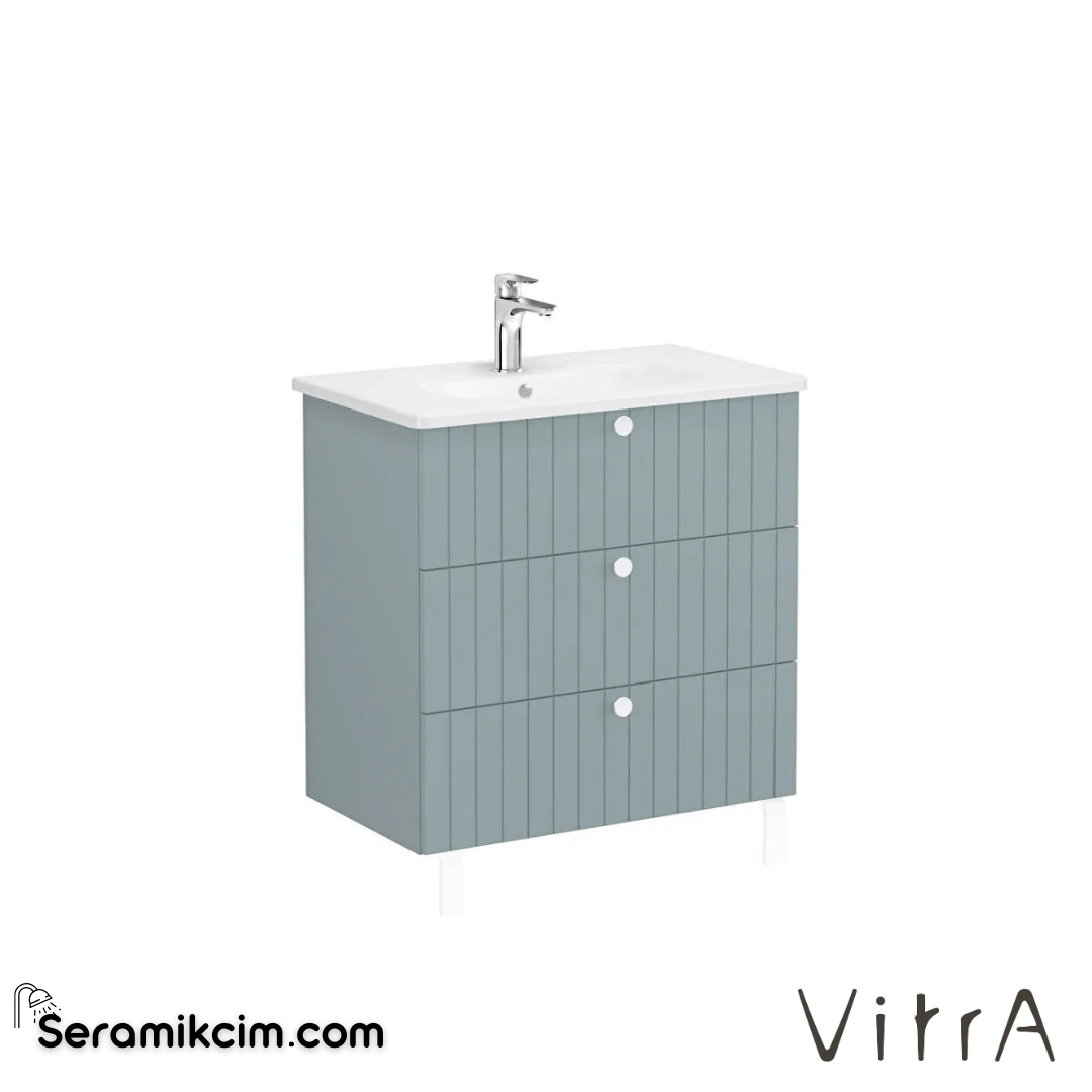 Vitra Root Groove Lavabo Dolabı, Üç Çekmeceli, 80 Cm, Mat Fiyord Yeşili, Yuvarlak Lavabolu - 69502