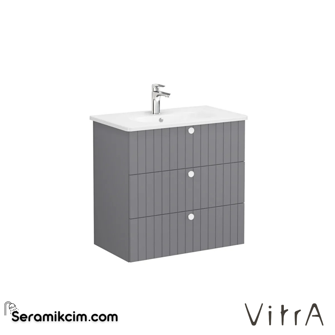 Vitra Root Groove Lavabo Dolabı, Üç Çekmeceli, 80 Cm, Mat Gri, Yuvarlak Lavabolu - 69501