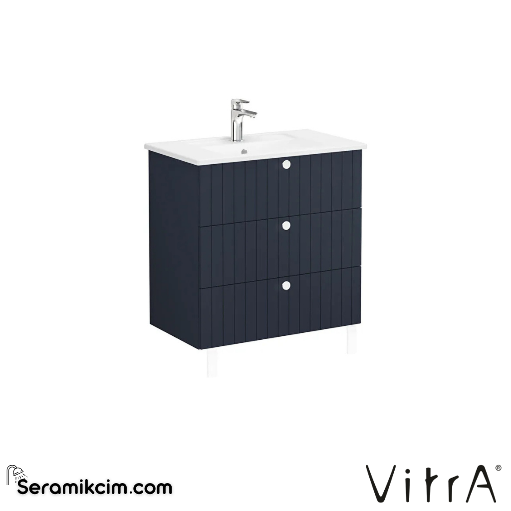 Vitra Root Groove Lavabo Dolabı, Üç Çekmeceli, 80 Cm, Mat Lacivert, Köşeli Lavabolu - 69497