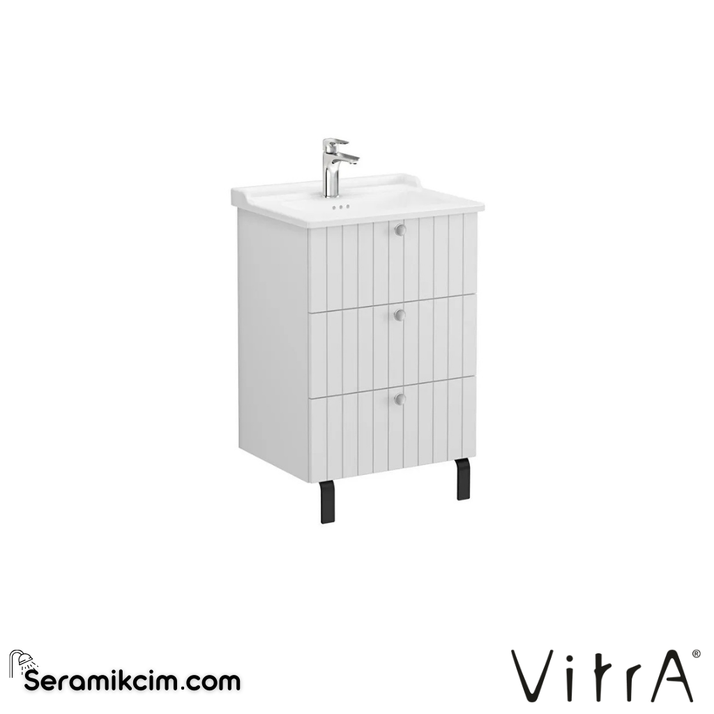 Vitra Root Groove Lavabo Dolabı, Üç Çekmeceli, 60 Cm, Mat Açık Gri, Klasik Lavabolu - 69486