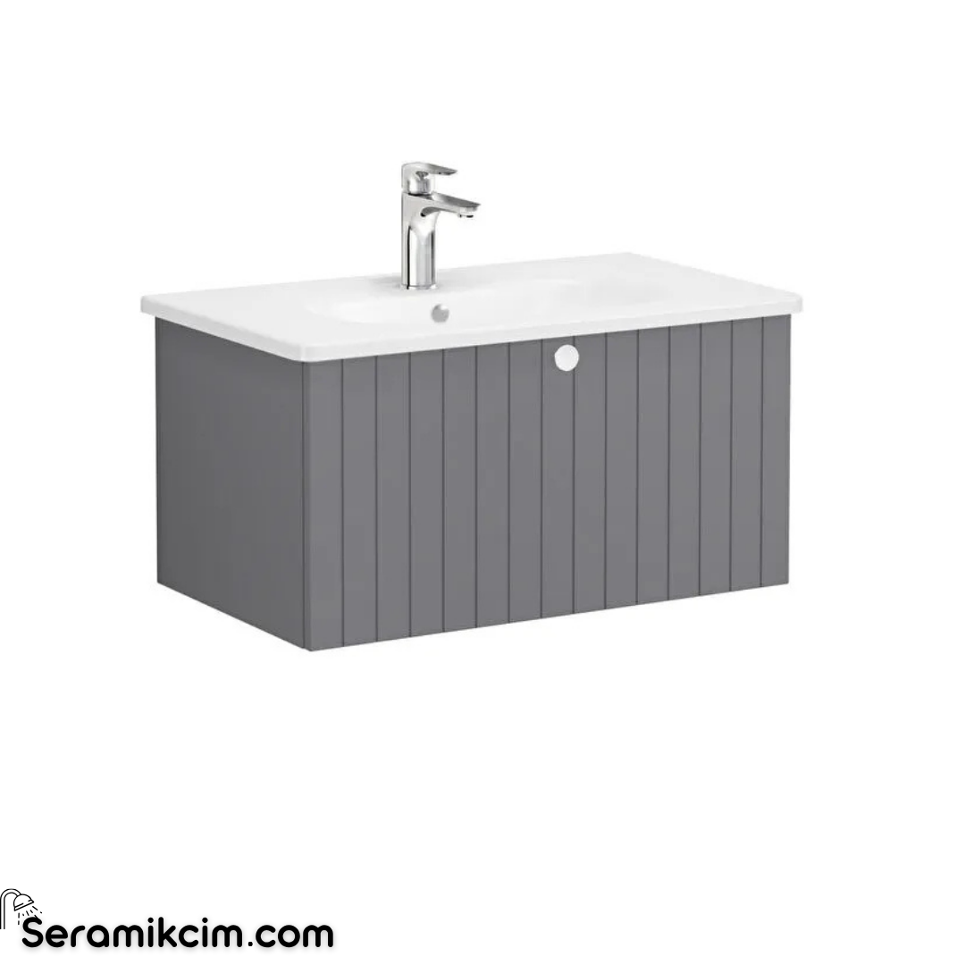 Vitra Root Groove Tek Çekmeceli Lavabo Dolabı, 80 cm, Mat Gri (Yuvarlak Lavabo Dahil) 69375