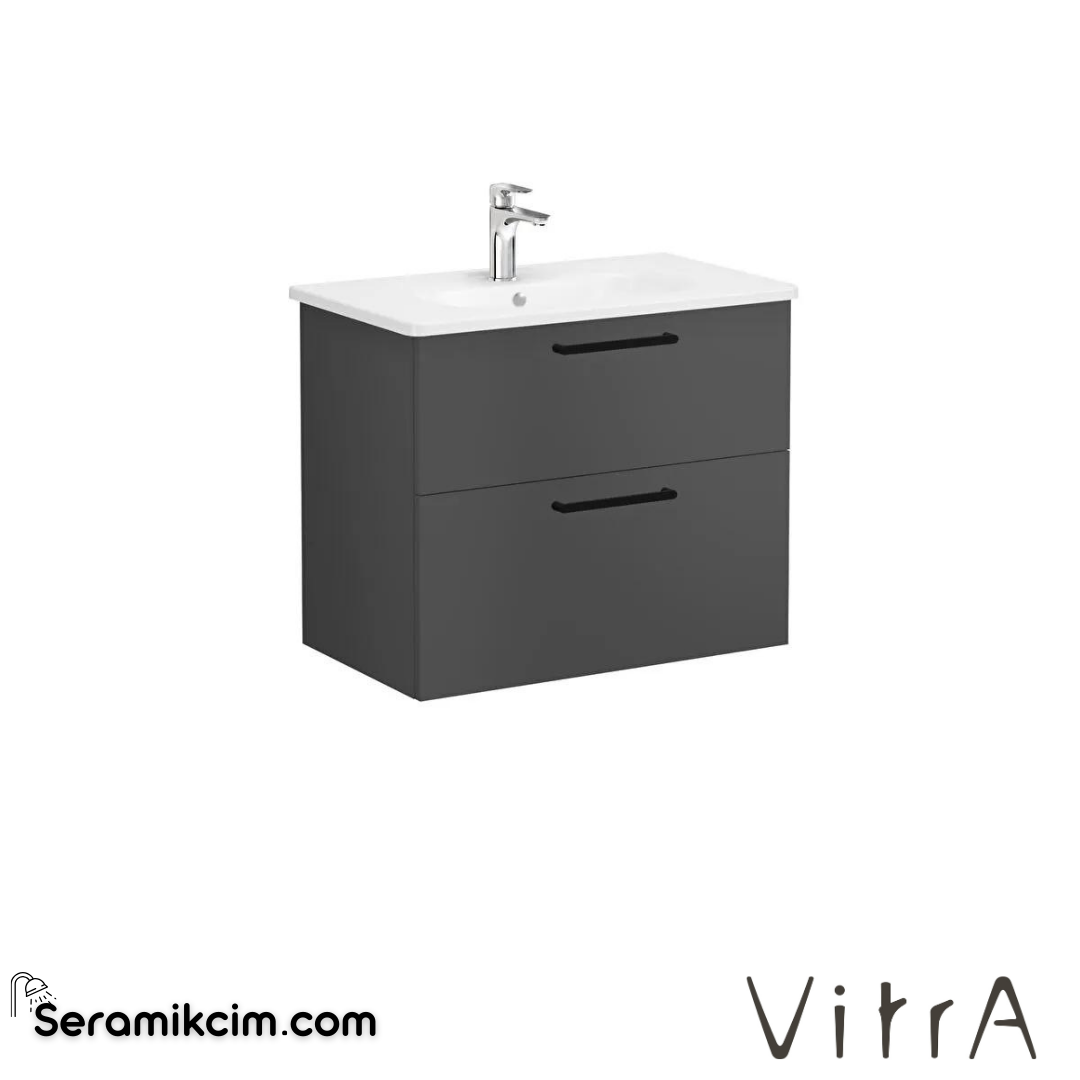 Vitra Root Lavabo Dolabı, İki Çekmeceli, 80 Cm, Mat Fırtına Gri, Yuvarlak Lavabolu - 68290