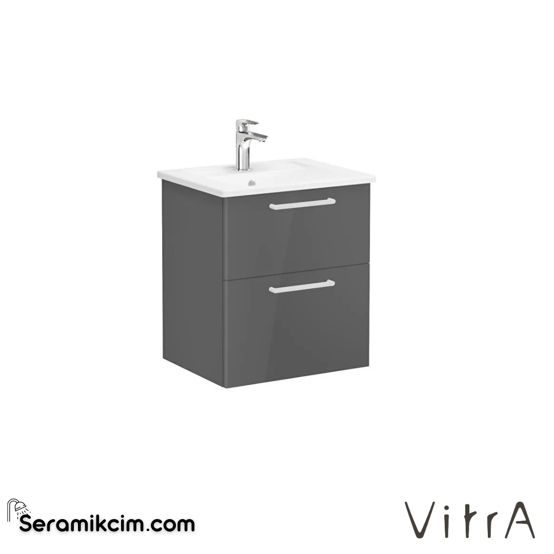 Vitra Root Lavabo Dolabı, İki Çekmeceli, 60 Cm, Parlak Antrasit, Köşeli Lavabolu - 66292