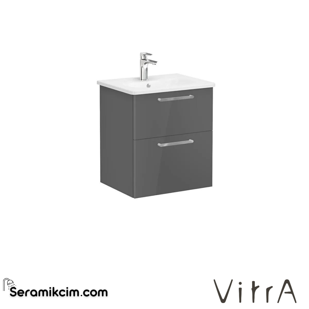 Vitra Root Lavabo Dolabı, İki Çekmeceli, 60 Cm, Parlak Antrasit, Yuvarlak Lavabolu - 66293