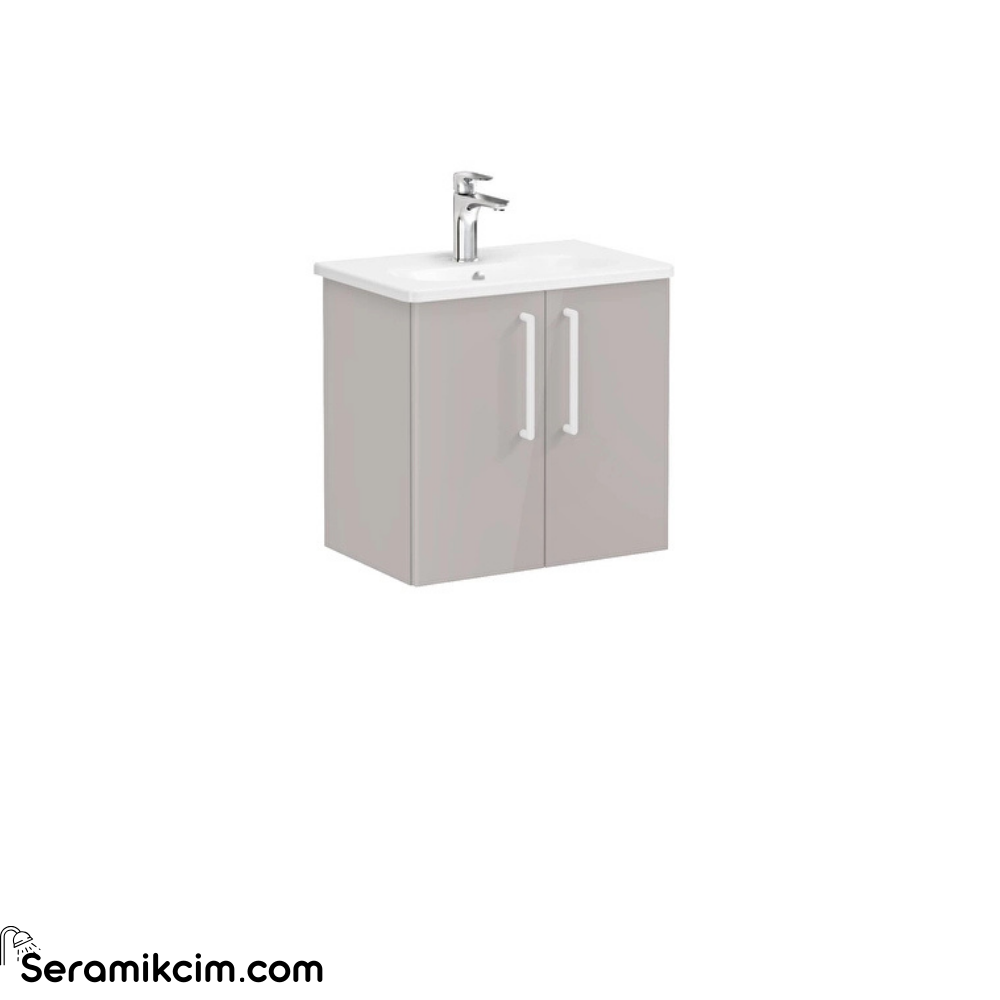 Vitra Root Lavabo Dolabı, Kapaklı, 60 Cm, Dar, Parlak Sahra Beji, Yuvarlak Lavabolu