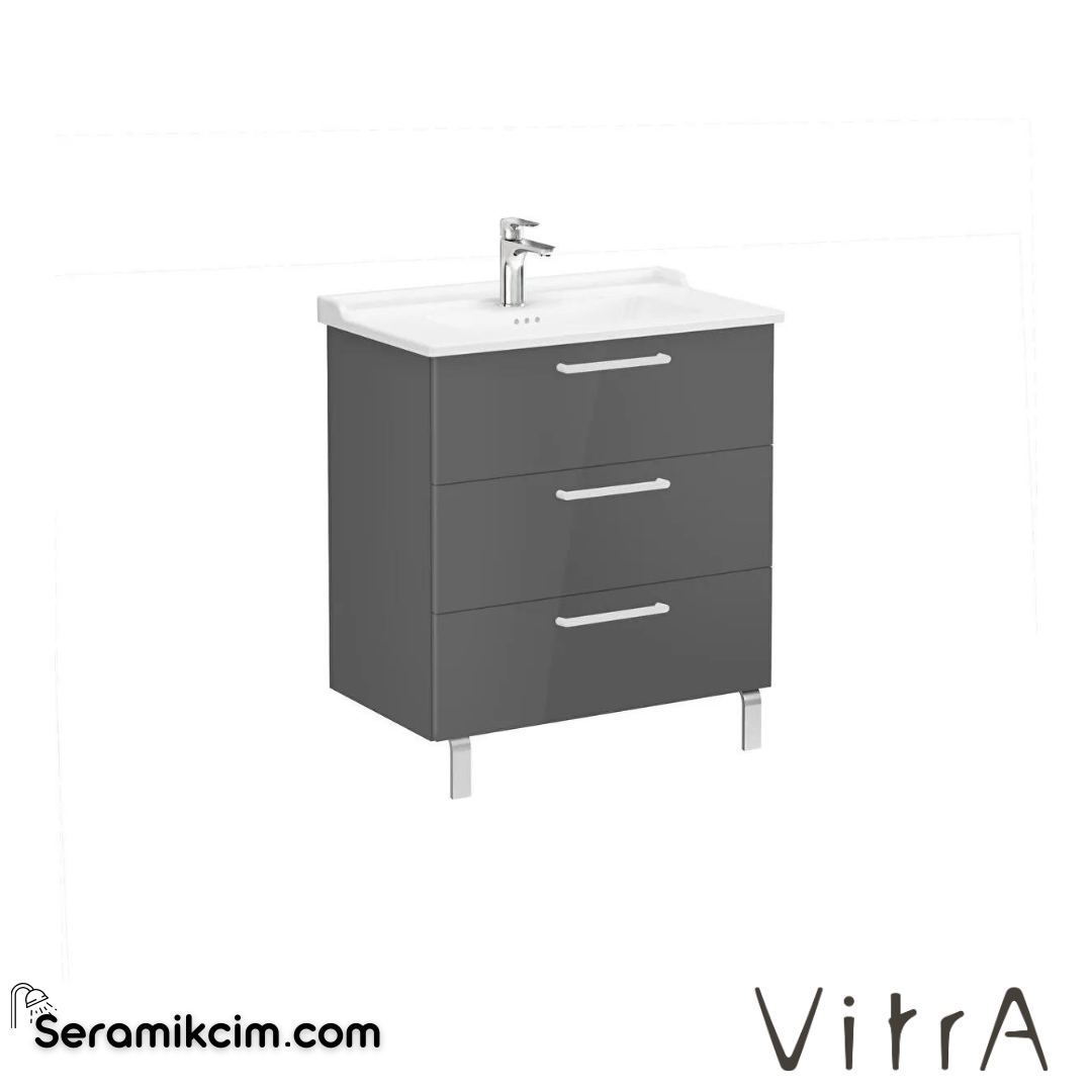 Vitra Root Lavabo Dolabı, Üç Çekmeceli, 80 Cm, Parlak Antrasit, Klasik Lavabolu - 68361