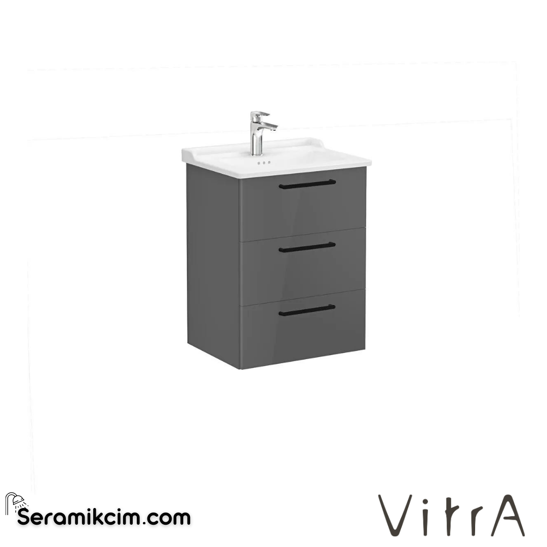 Vitra Root Lavabo Dolabı, Üç Çekmeceli, 60 Cm, Parlak Antrasit, Klasik Lavabolu - 68343
