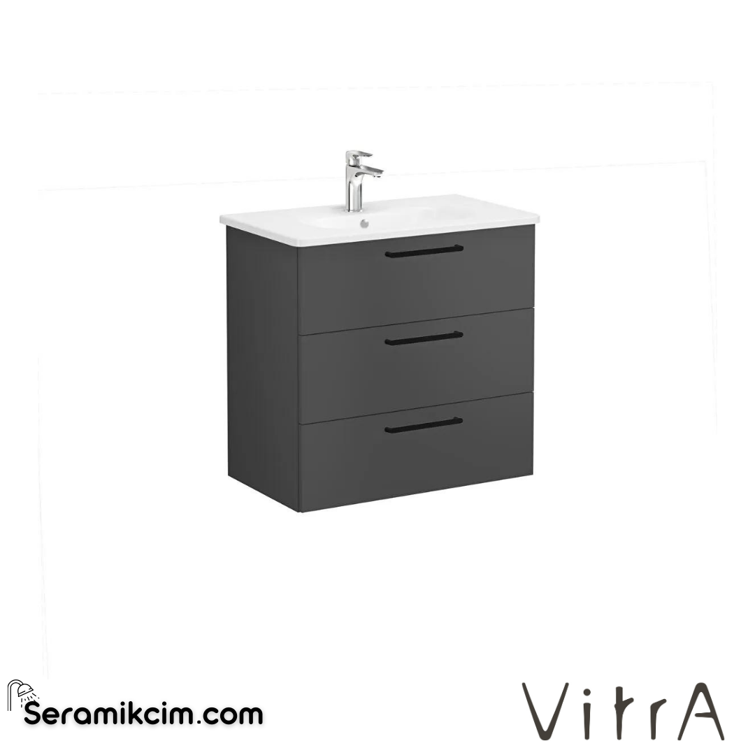 Vitra Root Lavabo Dolabı, Üç Çekmeceli, 80 Cm, Mat Fırtına Gri, Yuvarlak Lavabolu - 68356