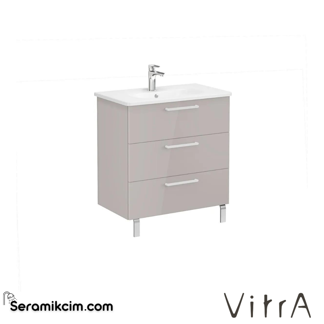 Vitra Root Lavabo Dolabı, Üç Çekmeceli, 80 Cm, Parlak Sahra Beji, Yuvarlak Lavabolu - 66477