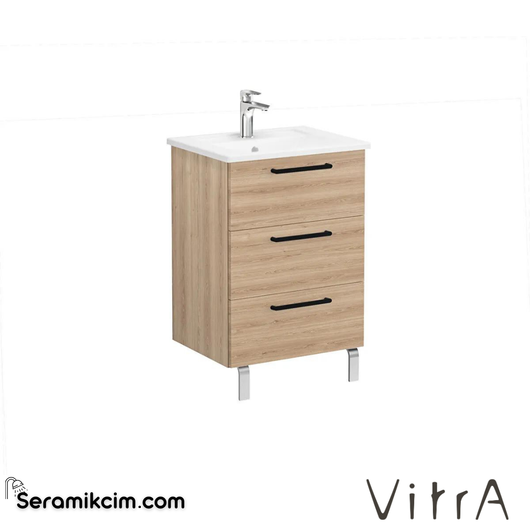 Vitra Root Lavabo Dolabı, Üç Çekmeceli, 60 Cm, Doğal Meşe, Köşeli Lavabolu - 66458