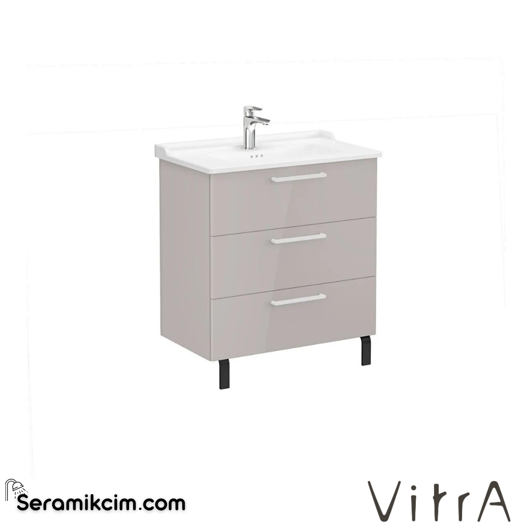 Vitra Root Lavabo Dolabı, Üç Çekmeceli, 80 Cm, Parlak Sahra Beji, Klasik Lavabolu - 68362