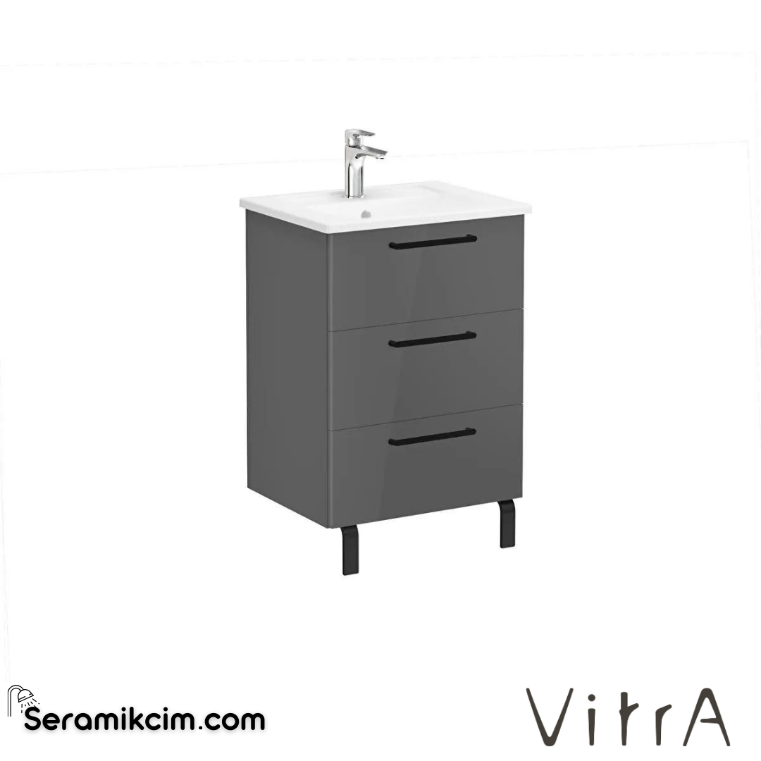 Vitra Root Lavabo Dolabı, Üç Çekmeceli, 60 Cm, Parlak Antrasit, Köşeli Lavabolu - 66460