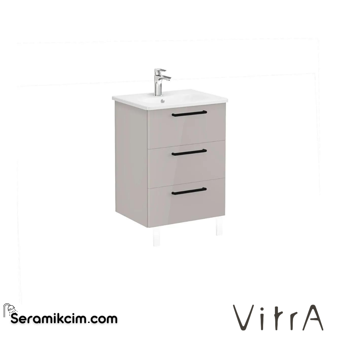 Vitra Root Lavabo Dolabı, Üç Çekmeceli, 60 Cm, Parlak Sahra Beji, Yuvarlak Lavabolu - 66465