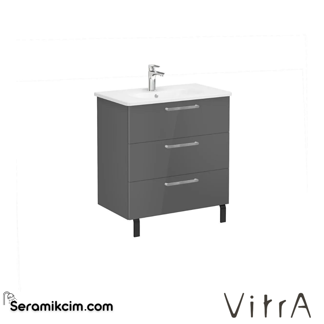 Vitra Root Lavabo Dolabı, Üç Çekmeceli, 80 Cm, Parlak Antrasit, Yuvarlak Lavabolu - 66473
