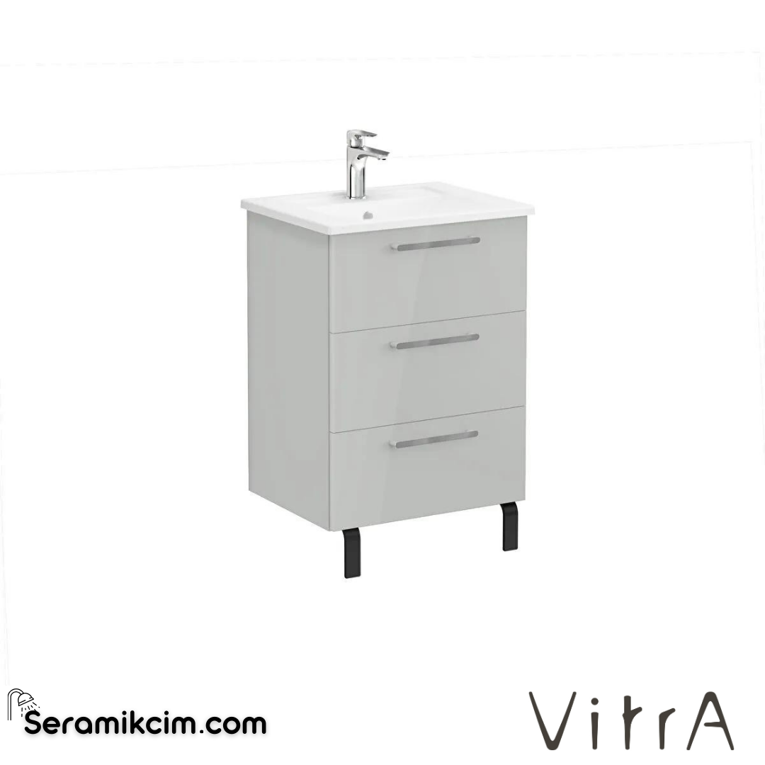 Vitra Root Lavabo Dolabı, Üç Çekmeceli, 60 Cm, Parlak İnci Grisi, Köşeli Lavabolu - 66466