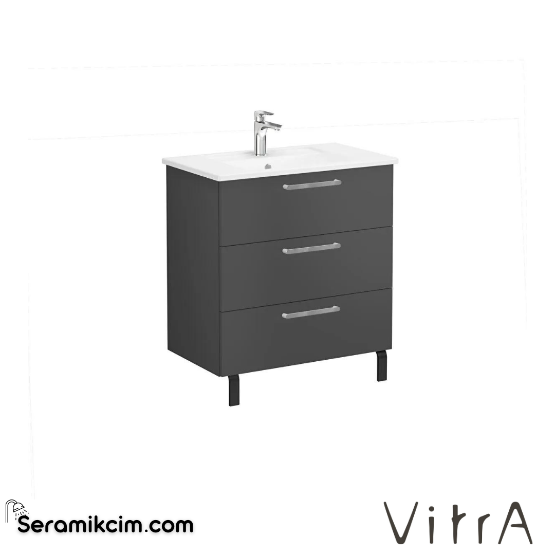 Vitra Root Lavabo Dolabı, Üç Çekmeceli, 80 Cm, Mat Fırtına Gri, Köşeli Lavabolu - 68352