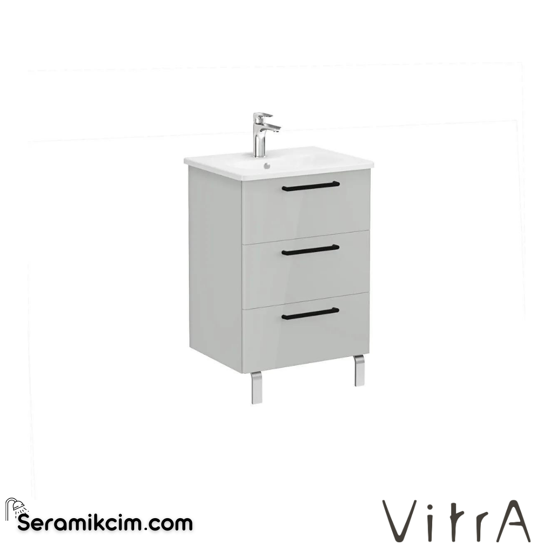 Vitra Root Lavabo Dolabı, Üç Çekmeceli, 60 Cm, Parlak İnci Grisi, Yuvarlak Lavabolu - 66467