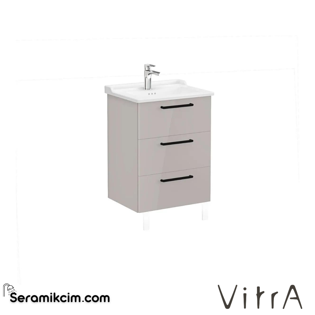 Vitra Root Lavabo Dolabı, Üç Çekmeceli, 60 Cm, Parlak Sahra Beji, Klasik Lavabolu - 68344