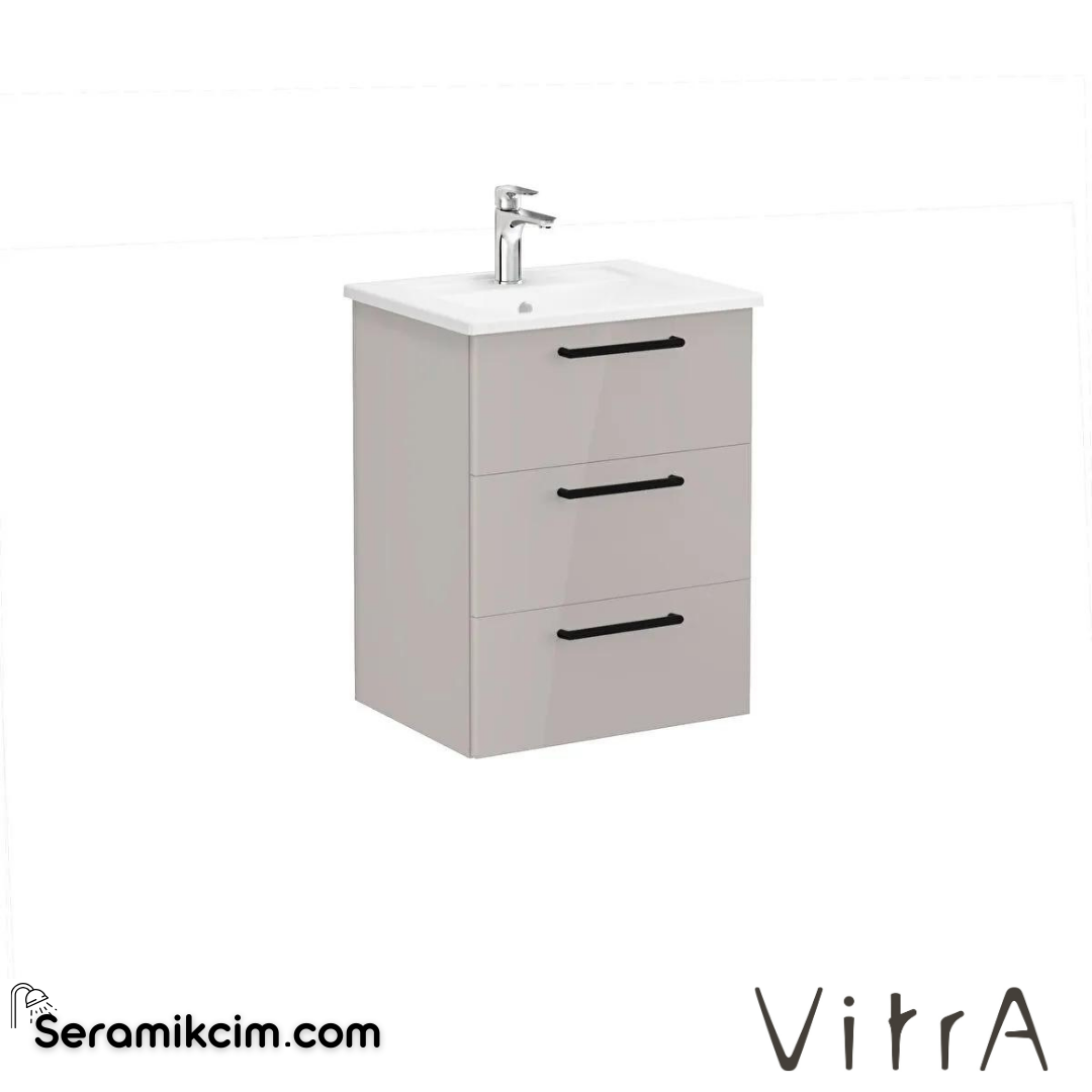 Vitra Root Lavabo Dolabı, Üç Çekmeceli, 60 Cm, Parlak Sahra Beji, Köşeli Lavabolu - 66464