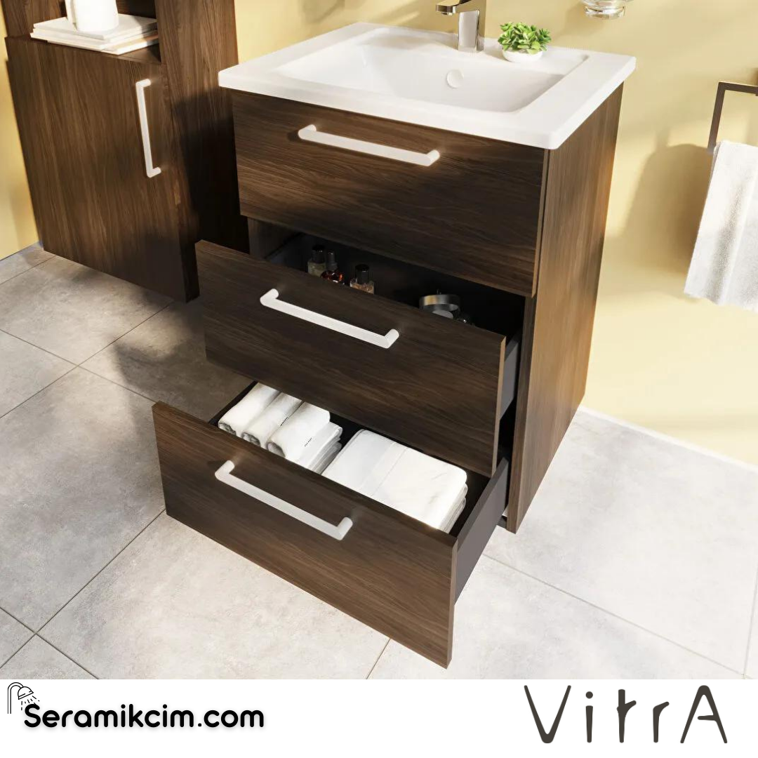 Vitra Root Lavabo Dolabı, Üç Çekmeceli, 60 Cm, Ceviz, Köşeli Lavabolu - 66456