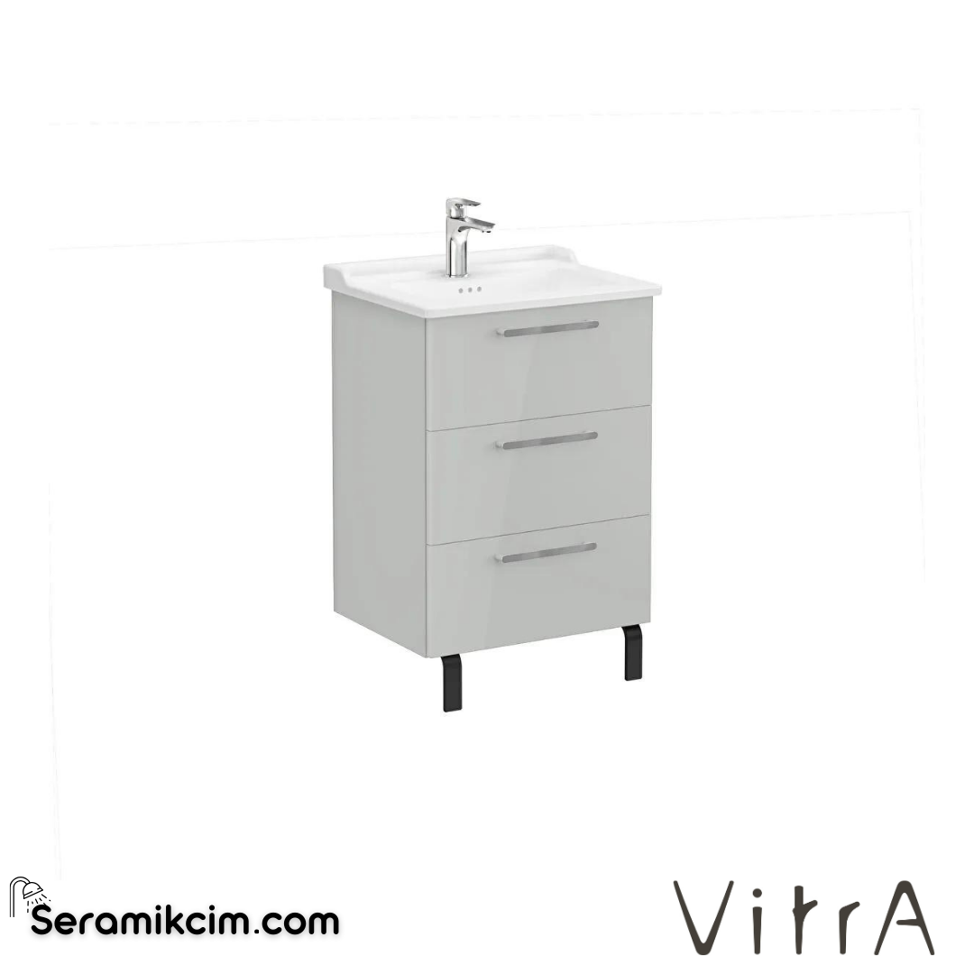 Vitra Root Lavabo Dolabı, Üç Çekmeceli, 60 Cm, Parlak İnci Grisi, Klasik Lavabolu - 68342