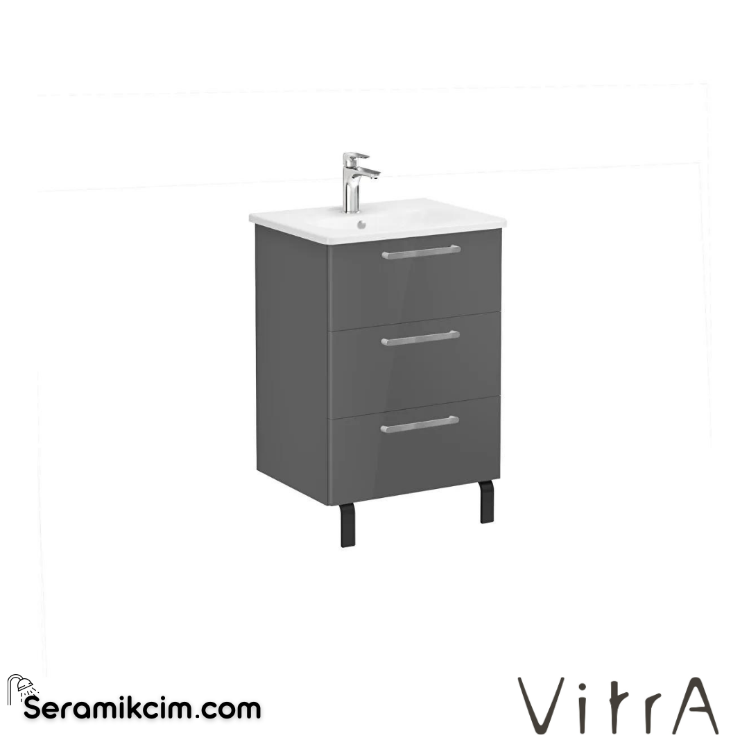Vitra Root Lavabo Dolabı, Üç Çekmeceli, 60 Cm, Parlak Antrasit, Yuvarlak Lavabolu - 66461