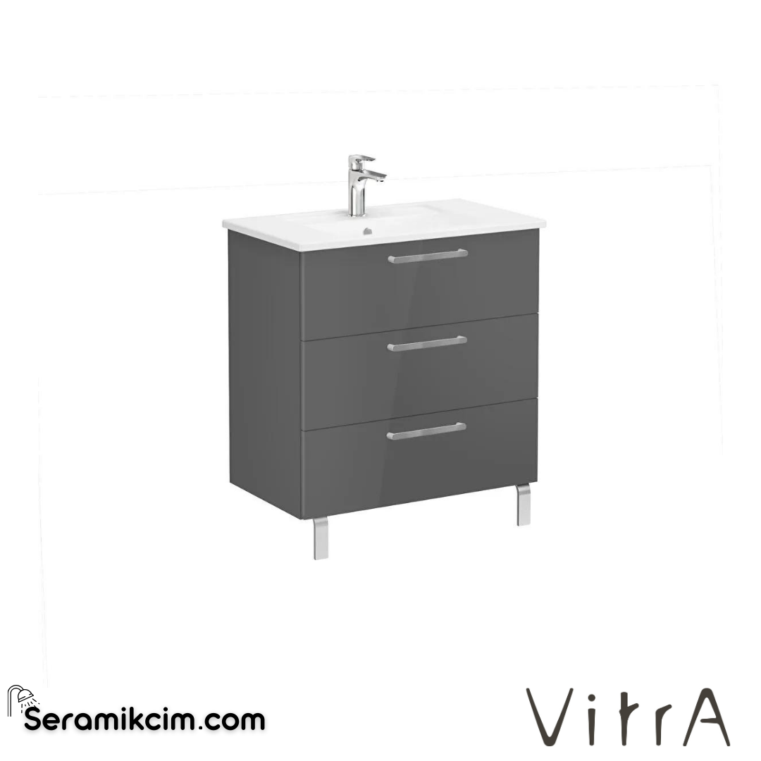 Vitra Root Lavabo Dolabı, Üç Çekmeceli, 80 Cm, Parlak Antrasit, Köşeli Lavabolu - 66472