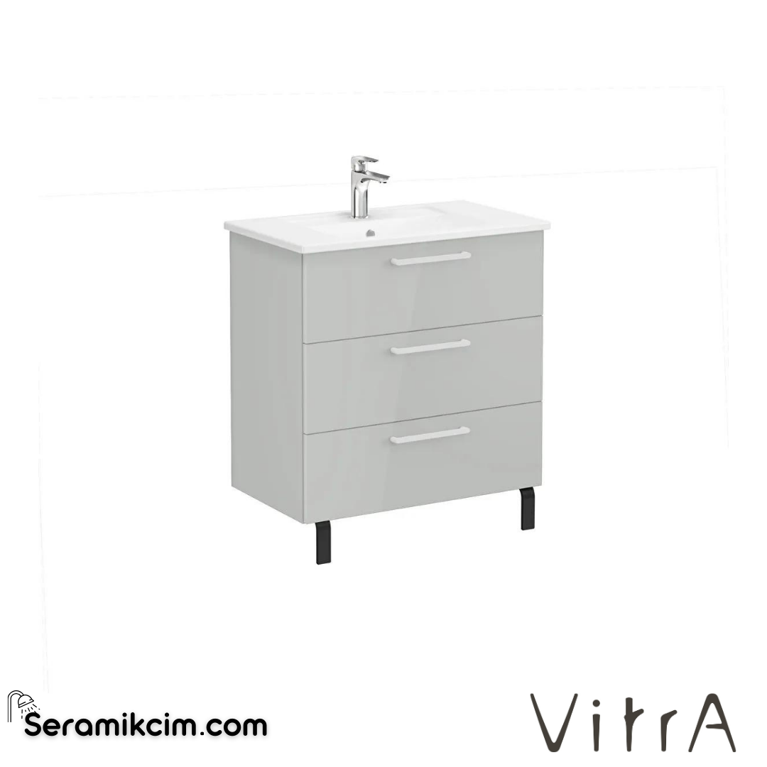 Vitra Root Lavabo Dolabı, Üç Çekmeceli, 80 Cm, Parlak İnci Grisi, Köşeli Lavabolu - 66478