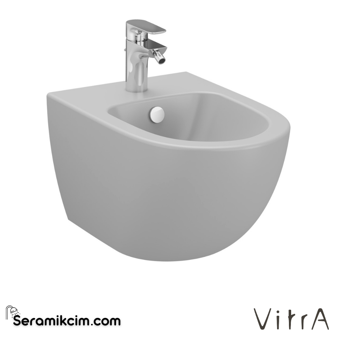 VitrA Sento Asma Bide Gizli Montajlı, 54 cm Tek Armatür Delikli, Su Taşma Delikli, Yanlardan Deliksiz, Mat Taş Gri - 4338B076-1046