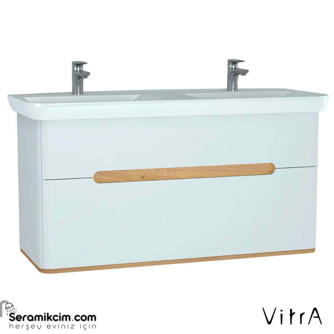 Vitra Sento Lavabo Dolabı, 130 Cm, Çift Çekmeceli, Çift Hazneli Lavabolu, Ayaksız, Mat Beyaz