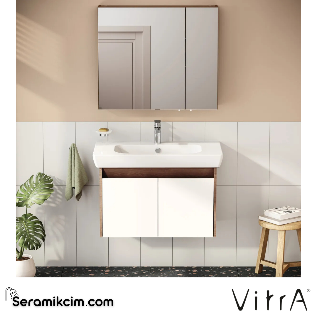 VitrA Step Demonte Banyo Dolabı Seti 85 cm, kapaklı lavabo dolabı, dolaplı ayna, parlak beyaz 67708 - 67708