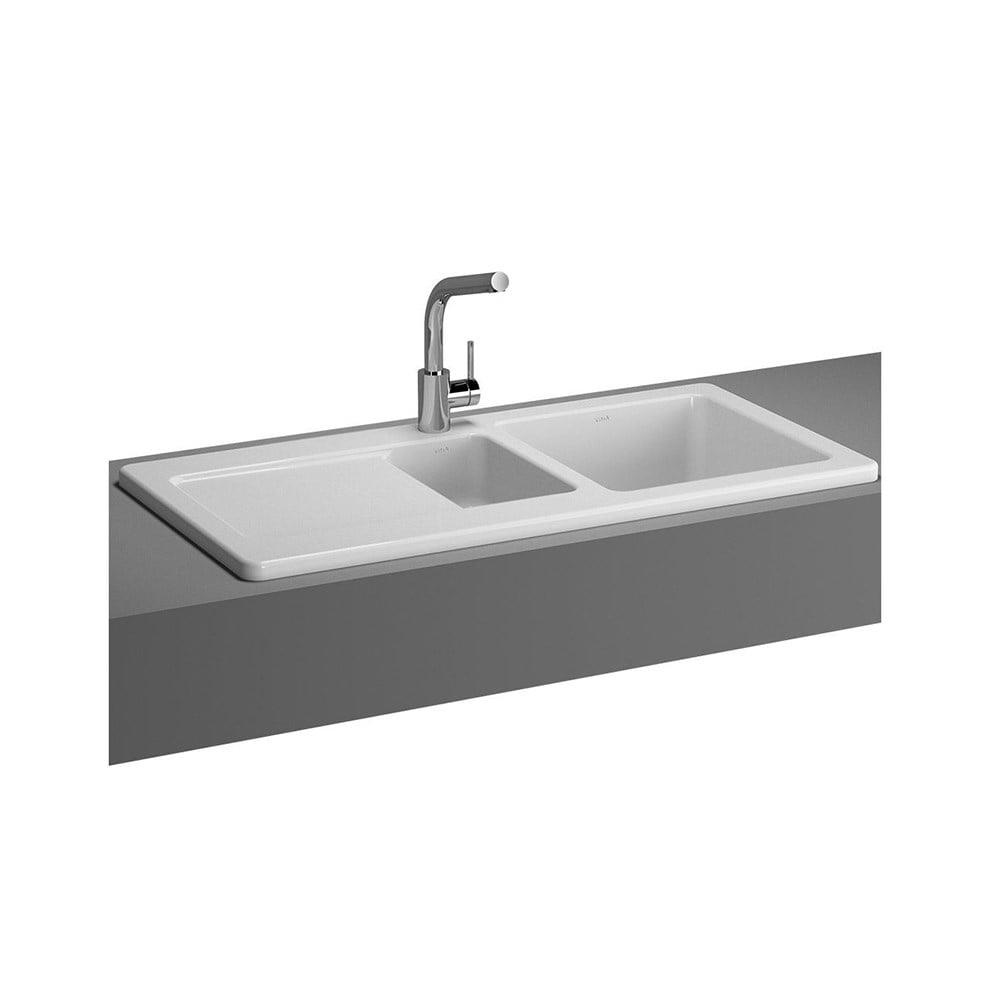 VitrA Tezgahüstü Eviye 1,5 Gözlü, 100x50 cm Ön ve Arka Armatür Delikleri Semi-Punch, Su Taşma Delikli, Beyaz - 5771B003-1408