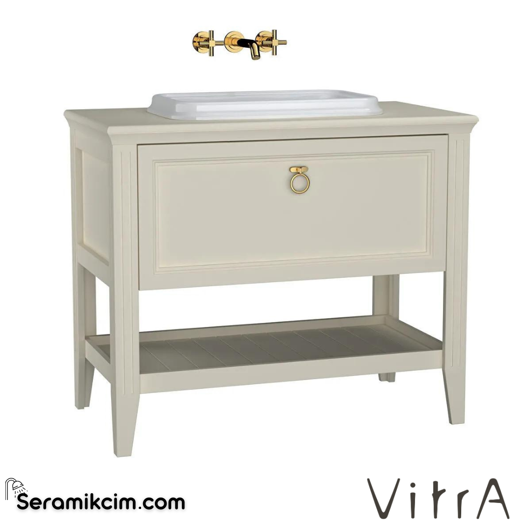 Vitra Valarte Lavabo Dolabı, 100 Cm, Çekmeceli, Tezgahüstü Lavabolu, Krom Kulplu, Mat Fildişi - 62200