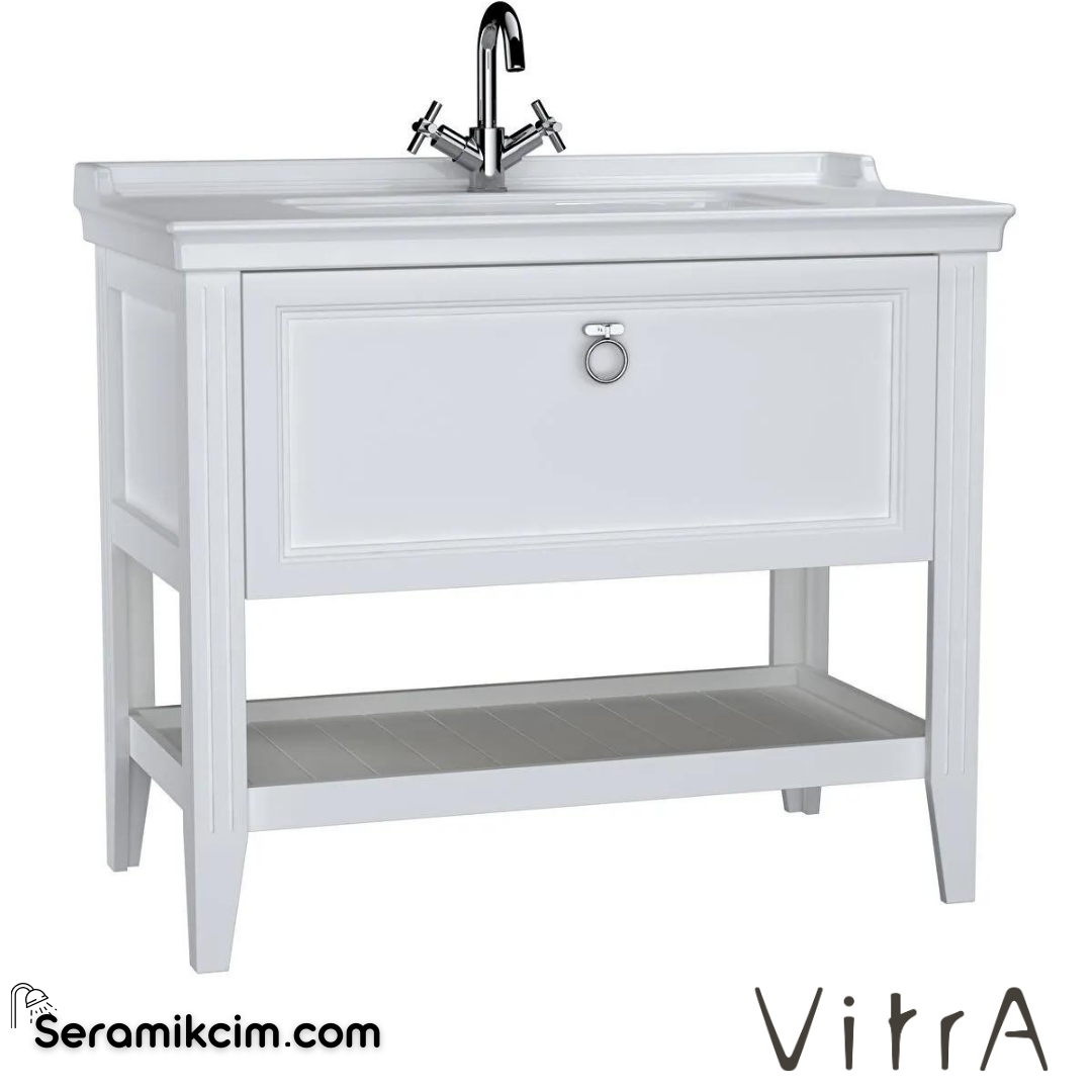 Vitra Valarte Lavabo Dolabı, 100 Cm, Çekmeceli, Etajerli Lavabolu, Tek Armatür Delikli, Krom Kulplu, Mat Beyaz - 62183