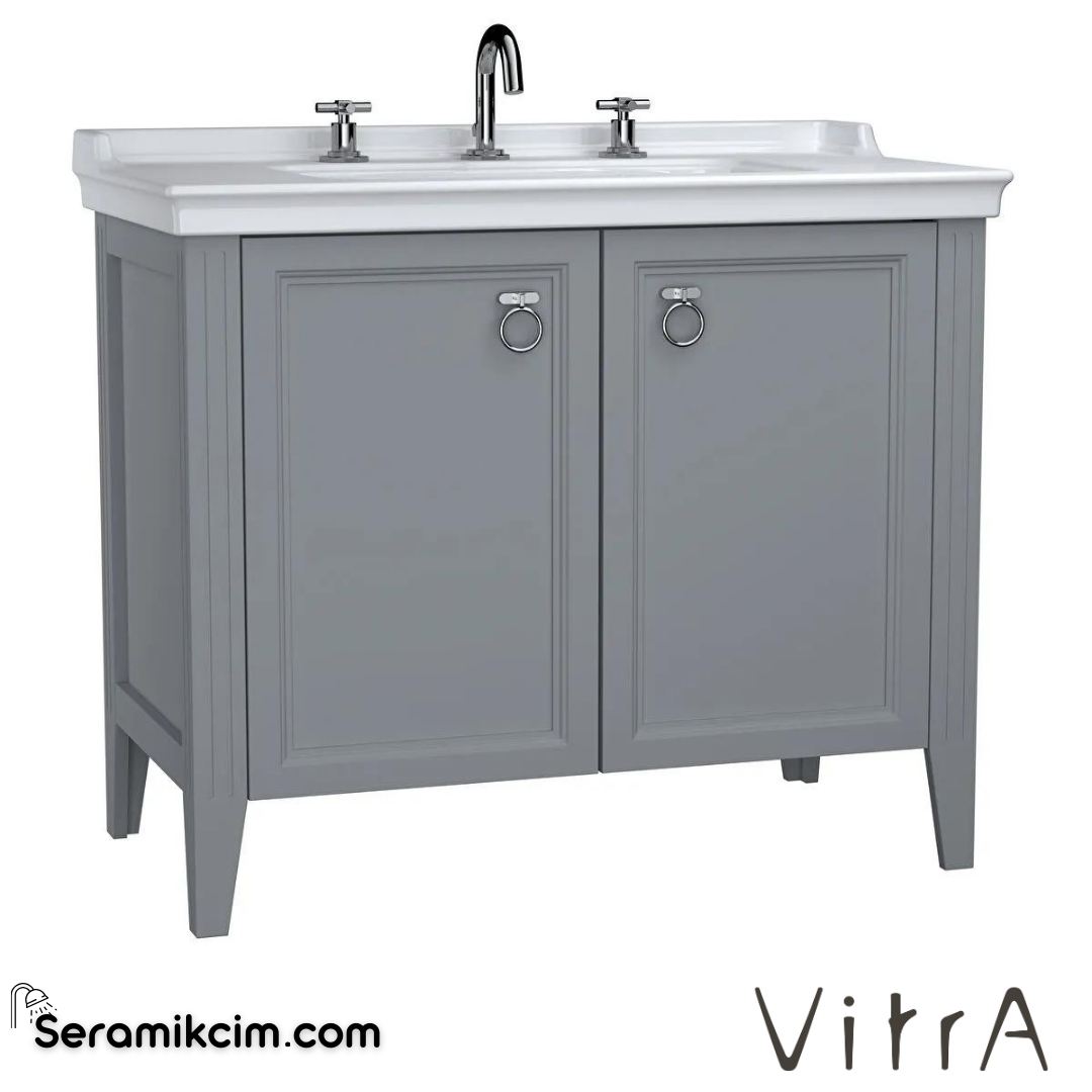 Vitra Valarte Lavabo Dolabı, 100 Cm, Kapaklı, Etajerli Lavabolu, Üç Armatür Delikli, Krom Kulplu, Mat Gri - 62166