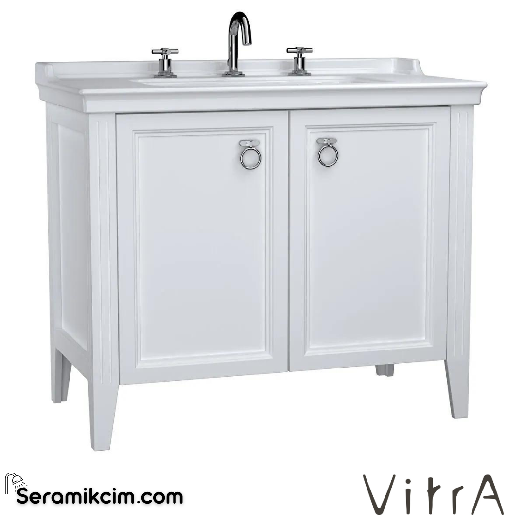 Vitra Valarte Lavabo Dolabı, 100 Cm, Kapaklı, Etajerli Lavabolu, Üç Armatür Delikli, Krom Kulplu, Mat Beyaz - 62165