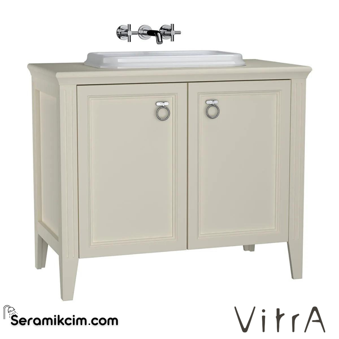 Vitra Valarte Lavabo Dolabı, 100 Cm, Kapaklı, Tezgahüstü Lavabolu, Krom Kulplu, Mat Fildişi - 62173