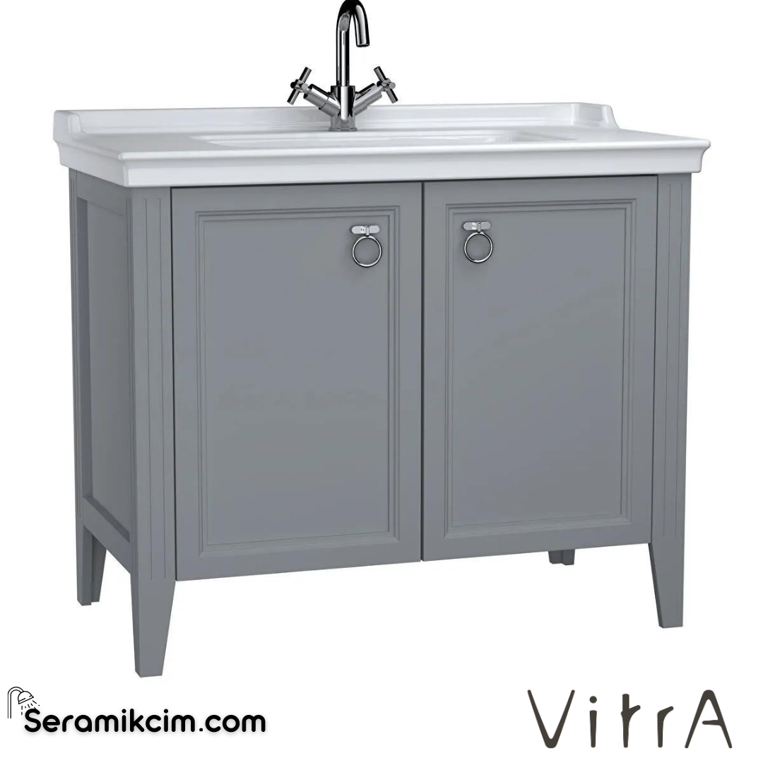 Vitra Valarte Lavabo Dolabı, 100 Cm, Kapaklı, Etajerli Lavabolu, Tek Armatür Delikli, Krom Kulplu, Mat Gri - 62157