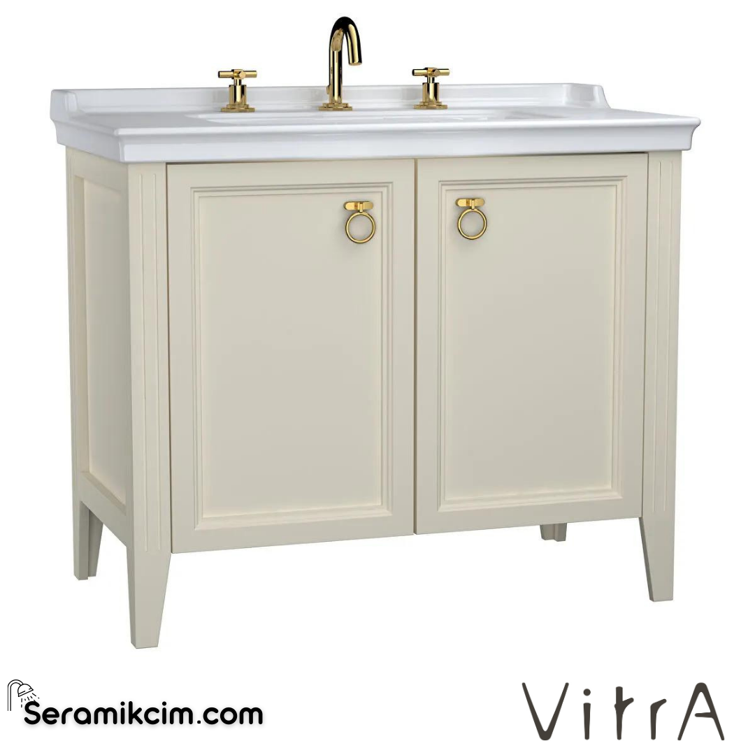 Vitra Valarte Lavabo Dolabı, 100 Cm, Kapaklı, Etajerli Lavabolu, Üç Armatür Delikli, Krom Kulplu, Mat Fildişi - 62167