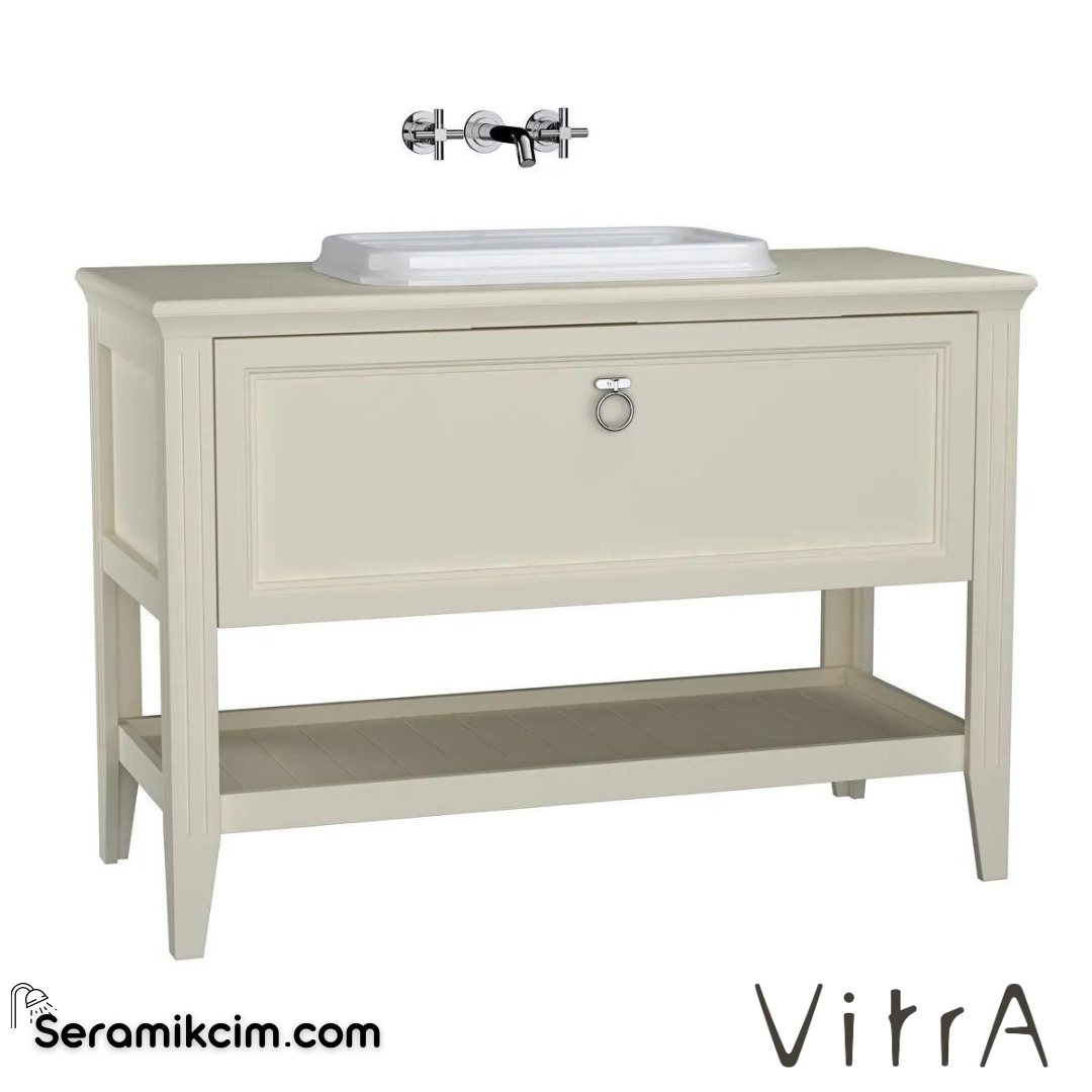 Vitra Valarte Lavabo Dolabı, 120 Cm, Çekmeceli, Tezgahüstü Lavabolu, Krom Kulplu, Mat Fildişi - 62203