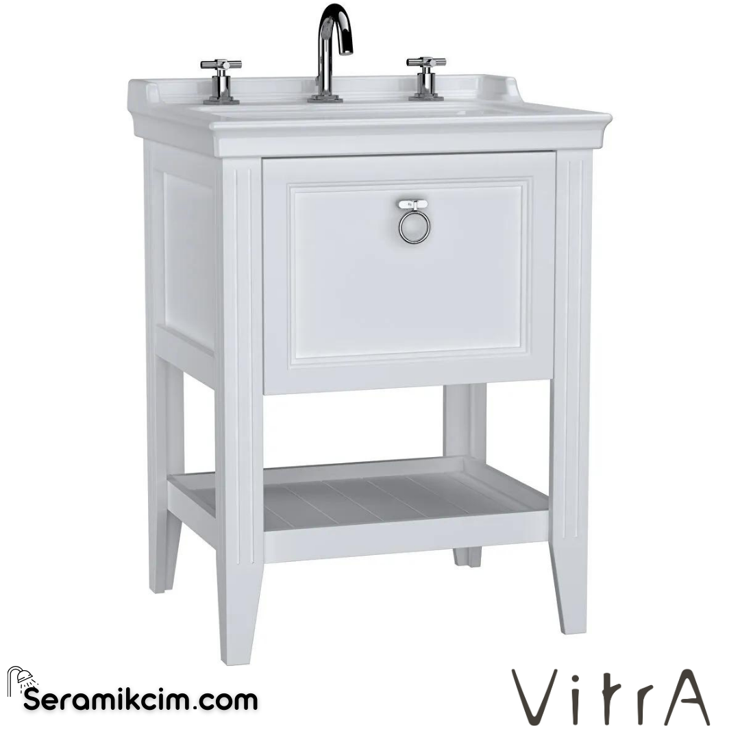 Vitra Valarte Lavabo Dolabı, 65 Cm, Çekmeceli, Etajerli Lavabolu, Üç Armatür Delikli, Krom Kulplu, Mat Beyaz - 62186
