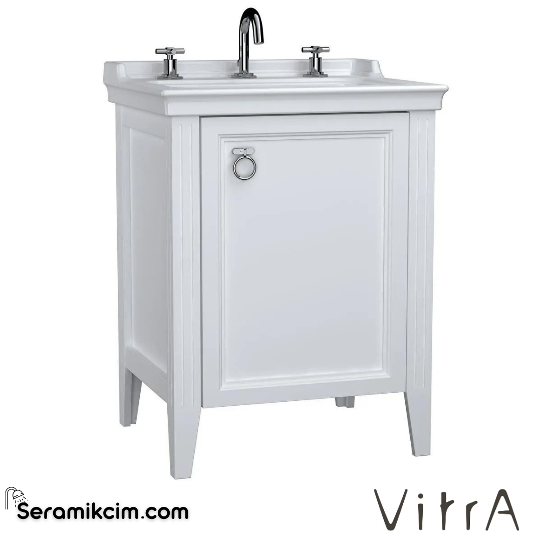 Vitra Valarte Lavabo Dolabı, 65 Cm, Kapaklı, Etajerli Lavabolu, Üç Armatür Delikli, Krom Kulplu, Mat Beyaz, Sol - 62159