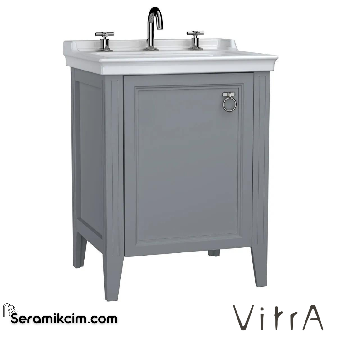 Vitra Valarte Lavabo Dolabı, 65 Cm, Kapaklı, Etajerli Lavabolu, Üç Armatür Delikli, Krom Kulplu, Mat Gri, Sol - 62160