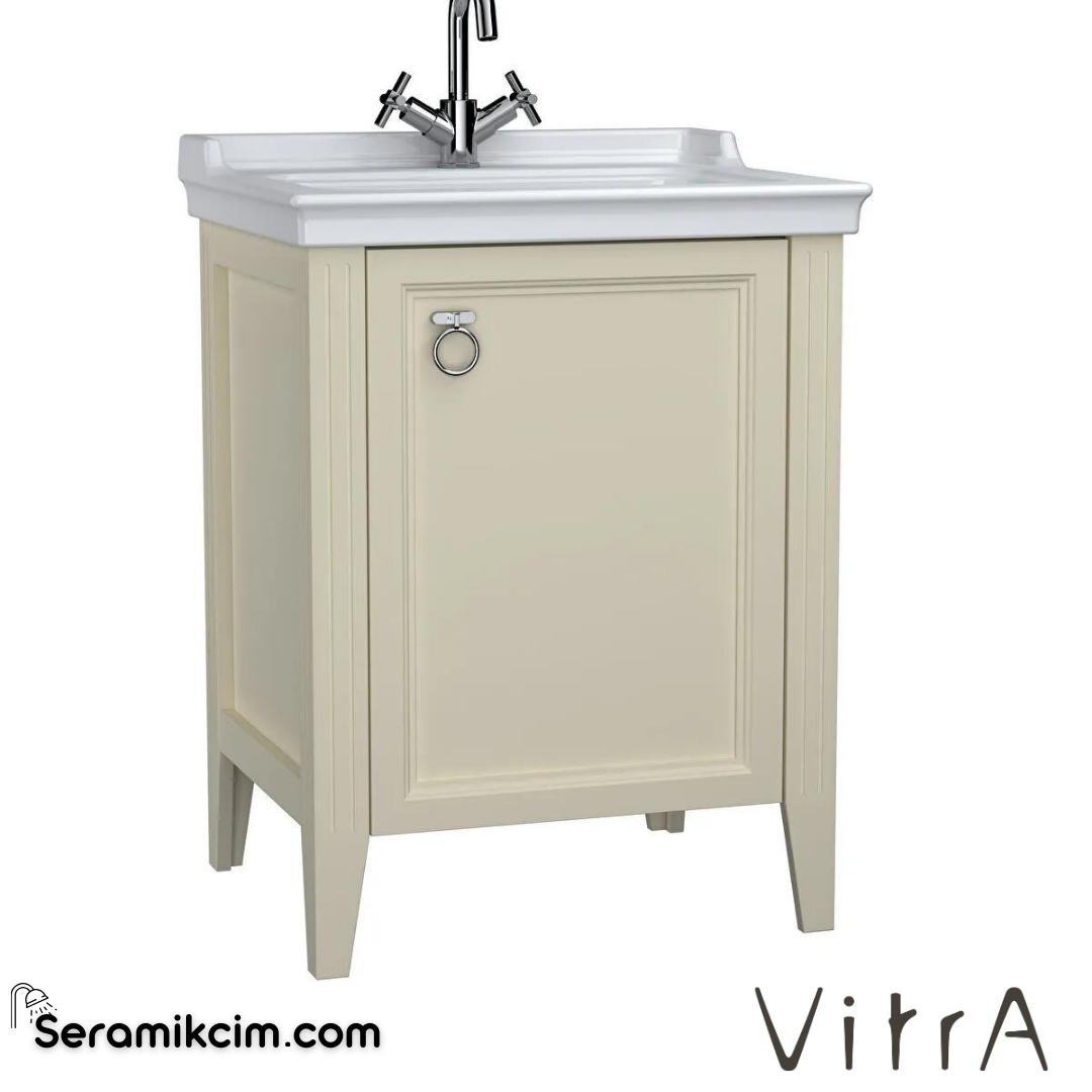 Vitra Valarte Lavabo Dolabı, 65 Cm, Kapaklı, Etajerli Lavabolu, Tek Armatür Delikli, Krom Kulplu, Mat Fildişi, Sağ - 62261
