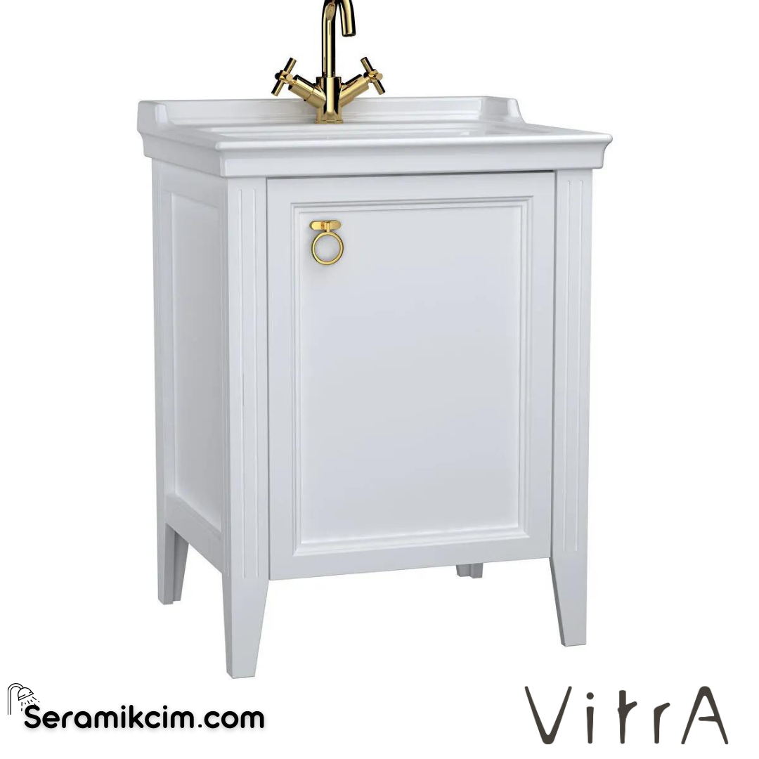 Vitra Valarte Lavabo Dolabı, 65 Cm, Kapaklı, Etajerli Lavabolu,Tek Armatür Delikli, Krom Kulplu, Mat Beyaz, Sağ - 62259