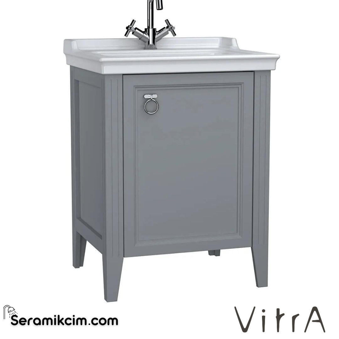 Vitra Valarte Lavabo Dolabı, 65 Cm, Kapaklı, Etajerli Lavabolu, Tek Armatür Delikli, Krom Kulplu, Mat Gri, Sağ - 62260