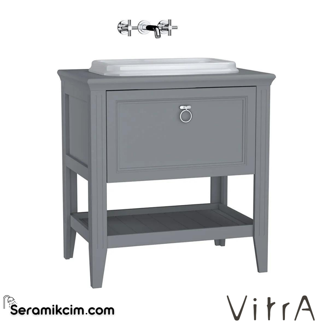 Vitra Valarte Lavabo Dolabı, 80 Cm, Çekmeceli, Tezgahüstü Lavabolu, Krom Kulplu, Mat Gri - 62196